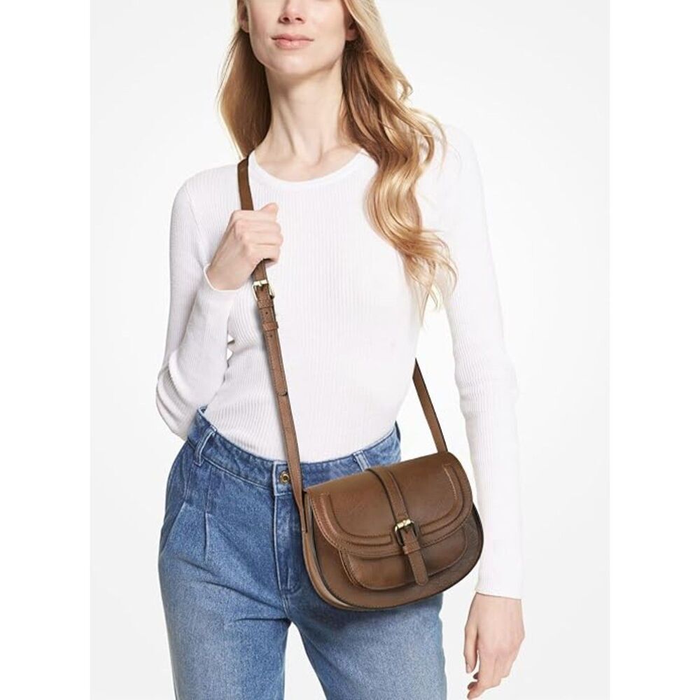 Women Dark Brown Imported Vegan Leather Small Saddle Crossbody Bags - Picture 2 of 4
